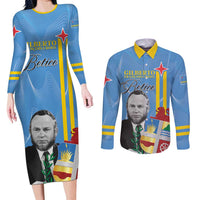 Feliz Dia di Betico Couples Matching Long Sleeve Bodycon Dress and Long Sleeve Button Shirt Aruba Flag Style - Wonder Print Shop