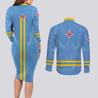 Feliz Dia di Betico Couples Matching Long Sleeve Bodycon Dress and Long Sleeve Button Shirt Aruba Flag Style - Wonder Print Shop