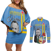 Feliz Dia di Betico Couples Matching Off Shoulder Short Dress and Long Sleeve Button Shirt Aruba Flag Style - Wonder Print Shop