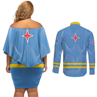 Feliz Dia di Betico Couples Matching Off Shoulder Short Dress and Long Sleeve Button Shirt Aruba Flag Style - Wonder Print Shop