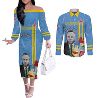 Feliz Dia di Betico Couples Matching Off The Shoulder Long Sleeve Dress and Long Sleeve Button Shirt Aruba Flag Style