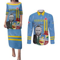 Feliz Dia di Betico Couples Matching Puletasi and Long Sleeve Button Shirt Aruba Flag Style - Wonder Print Shop
