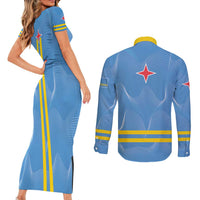 Feliz Dia di Betico Couples Matching Short Sleeve Bodycon Dress and Long Sleeve Button Shirt Aruba Flag Style - Wonder Print Shop