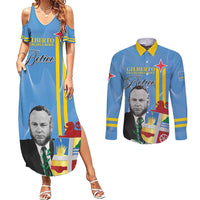 Feliz Dia di Betico Couples Matching Summer Maxi Dress and Long Sleeve Button Shirt Aruba Flag Style - Wonder Print Shop