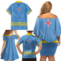 Feliz Dia di Betico Family Matching Off Shoulder Short Dress and Hawaiian Shirt Aruba Flag Style - Wonder Print Shop