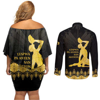Haiti Neg Marron Gold Couples Matching Off Shoulder Short Dress and Long Sleeve Button Shirt Lespwa pa anyen san aksyon - Wonder Print Shop