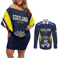 Custom Football Scotland On Tour 2026 Couples Matching Off Shoulder Short Dress and Long Sleeve Button Shirt Tartan Scottish Army Be Coming - Wonder Print Shop