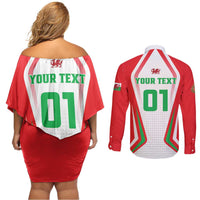 Custom Welsh Rugby Couples Matching Off Shoulder Short Dress and Long Sleeve Button Shirt Wales Red Dragon Champions