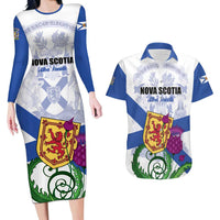 Personalized Canada Nova Scotia Province Couples Matching Long Sleeve Bodycon Dress and Hawaiian Shirt One Defends and The Other Conquers