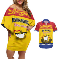 Personalized Canada New Brunswick Province Couples Matching Off Shoulder Short Dress and Hawaiian Shirt Golden Lion Lymphad