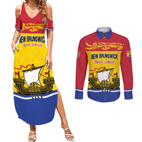 Personalized Canada New Brunswick Province Couples Matching Summer Maxi Dress and Long Sleeve Button Shirt Golden Lion Lymphad