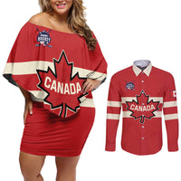 Custom Canada Hockey Couples Matching Off Shoulder Short Dress and Long Sleeve Button Shirt Canada Team Go Champions
