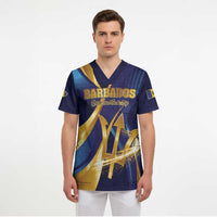 Personalized Barbados Gold Trident Scrub Top Luxury Style