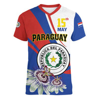 Personalized Paraguay Independence Day 2025 Women V-Neck T-Shirt Passiflora Paz y justicia