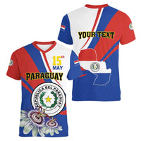 Personalized Paraguay Independence Day 2025 Women V-Neck T-Shirt Passiflora Paz y justicia
