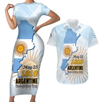 Personalized Argentine Revolution Day 1810 Couples Matching Short Sleeve Bodycon Dress and Hawaiian Shirt Sol de Mayo