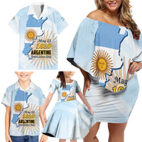 Personalized Argentine Revolution Day 1810 Family Matching Off Shoulder Short Dress and Hawaiian Shirt Sol de Mayo