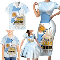 Personalized Argentine Revolution Day 1810 Family Matching Short Sleeve Bodycon Dress and Hawaiian Shirt Sol de Mayo