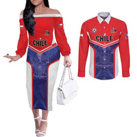 Custom Football Chile Couples Matching Off The Shoulder Long Sleeve Dress and Long Sleeve Button Shirt Vamos La Roja - Wonder Print Shop