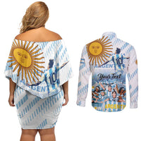 Argentina 2024 Football Champions Couples Matching Off Shoulder Short Dress and Long Sleeve Button Shirt Vamos La Seleccion Otra Vez Juntos - Wonder Print Shop