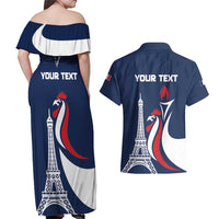 Personalized France 2024 Bonjour Couples Matching Off Shoulder Maxi Dress and Hawaiian Shirt Eiffel Tower Gallic Rooster - Wonder Print Shop