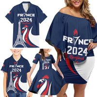Personalized France 2024 Bonjour Family Matching Off Shoulder Short Dress and Hawaiian Shirt Eiffel Tower Gallic Rooster - Wonder Print Shop