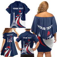 Personalized France 2024 Bonjour Family Matching Off Shoulder Short Dress and Hawaiian Shirt Eiffel Tower Gallic Rooster - Wonder Print Shop
