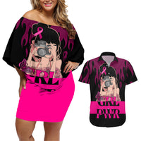 Personalised Girl Power Couples Matching Off Shoulder Short Dress and Hawaiian Shirt Day Of The Girl Breast Cancer Awareness - Wonder Print Shop