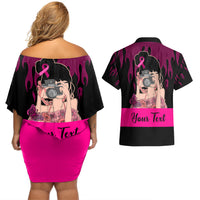 Personalised Girl Power Couples Matching Off Shoulder Short Dress and Hawaiian Shirt Day Of The Girl Breast Cancer Awareness - Wonder Print Shop