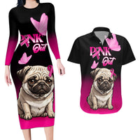 Personalised Pink Out Couples Matching Long Sleeve Bodycon Dress and Hawaiian Shirt Pug Dog Breast Cancer Awareness - Wonder Print Shop