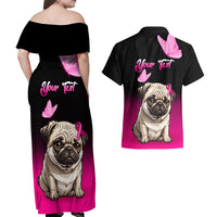 Personalised Pink Out Couples Matching Off Shoulder Maxi Dress and Hawaiian Shirt Pug Dog Breast Cancer Awareness - Wonder Print Shop