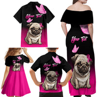 Personalised Pink Out Family Matching Off Shoulder Long Sleeve Dress and Hawaiian Shirt Pug Dog Breast Cancer Awareness - Wonder Print Shop
