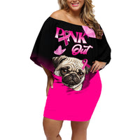 Personalised Pink Out Family Matching Off Shoulder Short Dress and Hawaiian Shirt Pug Dog Breast Cancer Awareness - Wonder Print Shop