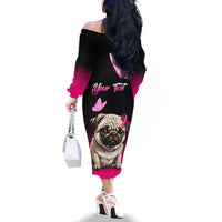 Personalised Pink Out Off The Shoulder Long Sleeve Dress Pug Dog Breast Cancer Awareness - Wonder Print Shop