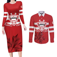 Custom Canada Hockey Team Couples Matching Long Sleeve Bodycon Dress and Long Sleeve Button Shirt Maple Leaf Red Version