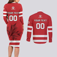 Custom Canada Hockey Team Couples Matching Long Sleeve Bodycon Dress and Long Sleeve Button Shirt Maple Leaf Red Version
