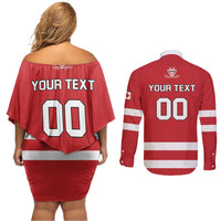 Custom Canada Hockey Team Couples Matching Off Shoulder Short Dress and Long Sleeve Button Shirt Maple Leaf Red Version