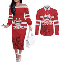 Custom Canada Hockey Team Couples Matching Off The Shoulder Long Sleeve Dress and Long Sleeve Button Shirt Maple Leaf Red Version