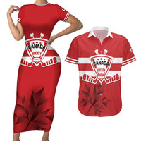 Custom Canada Hockey Team Couples Matching Short Sleeve Bodycon Dress and Hawaiian Shirt Maple Leaf Red Version