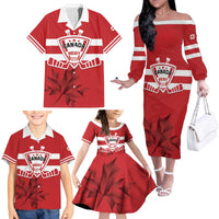 Custom Canada Hockey Team Family Matching Off The Shoulder Long Sleeve Dress and Hawaiian Shirt Maple Leaf Red Version