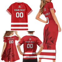 Custom Canada Hockey Team Family Matching Short Sleeve Bodycon Dress and Hawaiian Shirt Maple Leaf Red Version