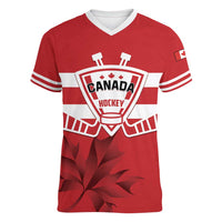 Custom Canada Hockey Team Women V-Neck T-Shirt Maple Leaf Red Version