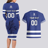 Custom Canada Hockey Team Couples Matching Long Sleeve Bodycon Dress and Hawaiian Shirt Maple Leaf Blue Version