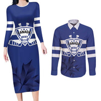 Custom Canada Hockey Team Couples Matching Long Sleeve Bodycon Dress and Long Sleeve Button Shirt Maple Leaf Blue Version
