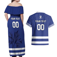 Custom Canada Hockey Team Couples Matching Off Shoulder Maxi Dress and Hawaiian Shirt Maple Leaf Blue Version