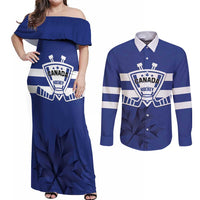 Custom Canada Hockey Team Couples Matching Off Shoulder Maxi Dress and Long Sleeve Button Shirt Maple Leaf Blue Version