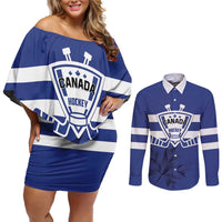 Custom Canada Hockey Team Couples Matching Off Shoulder Short Dress and Long Sleeve Button Shirt Maple Leaf Blue Version