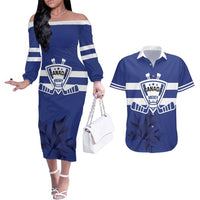Custom Canada Hockey Team Couples Matching Off The Shoulder Long Sleeve Dress and Hawaiian Shirt Maple Leaf Blue Version