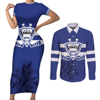 Custom Canada Hockey Team Couples Matching Short Sleeve Bodycon Dress and Long Sleeve Button Shirt Maple Leaf Blue Version