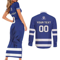 Custom Canada Hockey Team Couples Matching Short Sleeve Bodycon Dress and Long Sleeve Button Shirt Maple Leaf Blue Version